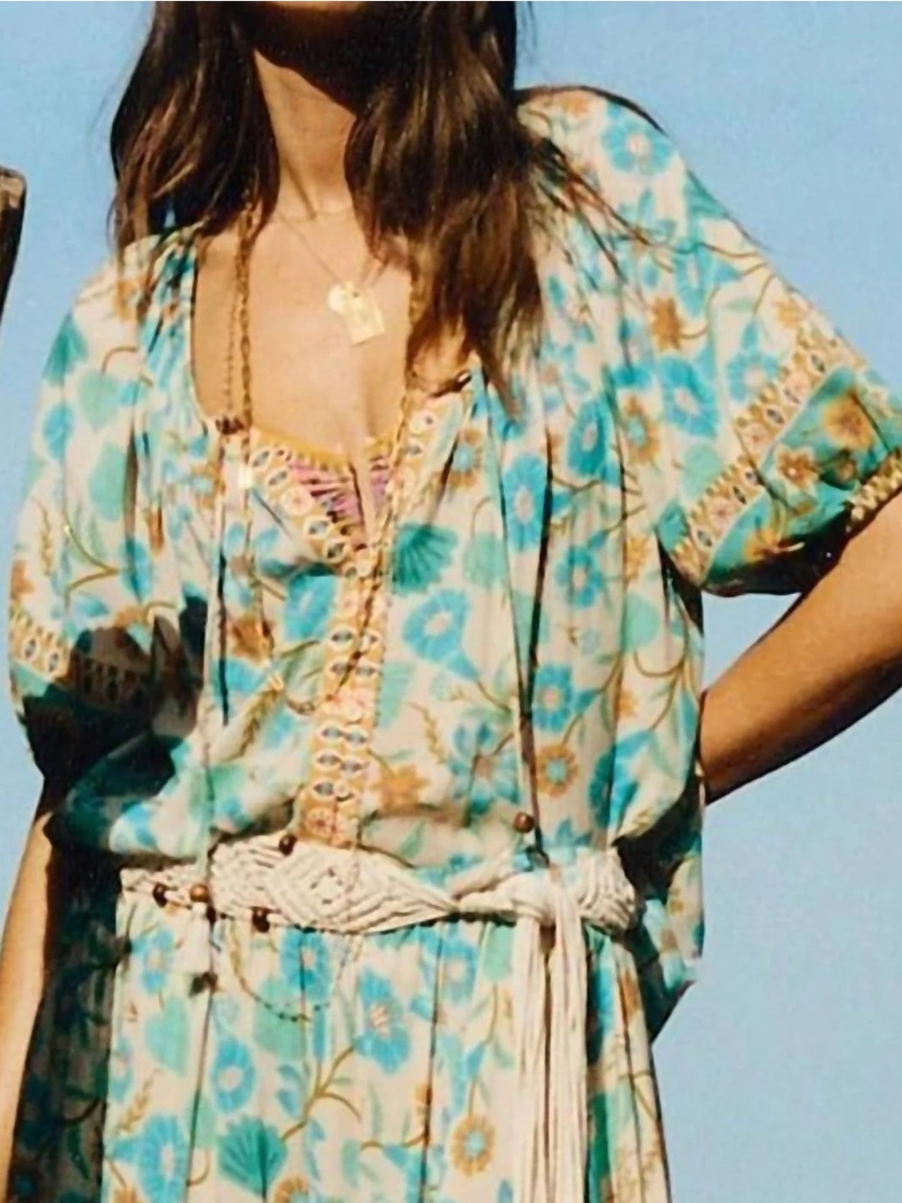 Spell NWT Goldie Short Sleeve Shirt in Teal and Cream